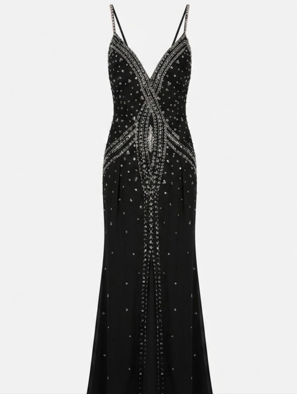 Y2K Vintage Black Spaghetti Strap Evening Dress with Silver Beaded Embellishment